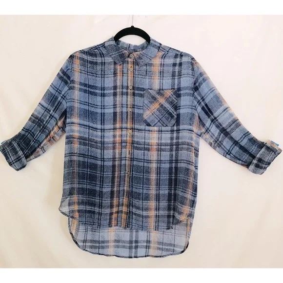 Blue Plaid Button Down Shirt Blouse Semi Sheer Roll Tab Sleeve Women Small New - Picture 3 of 8